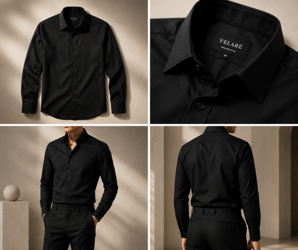 VELARÉ black overshirt — flat lay, luxury menswear