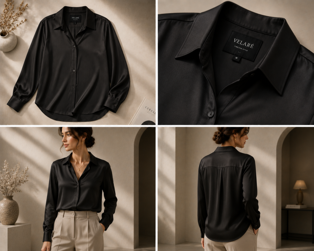 VELARÉ black signature shirt — flat lay, luxury menswear