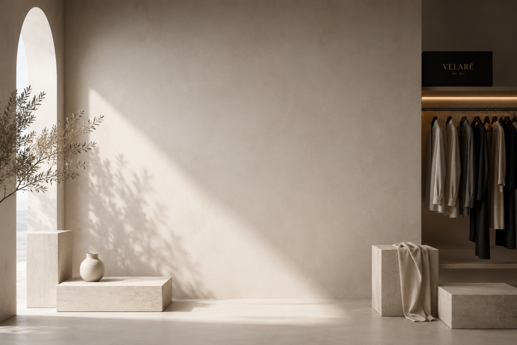 Warm minimalist VELARÉ interior with soft natural light