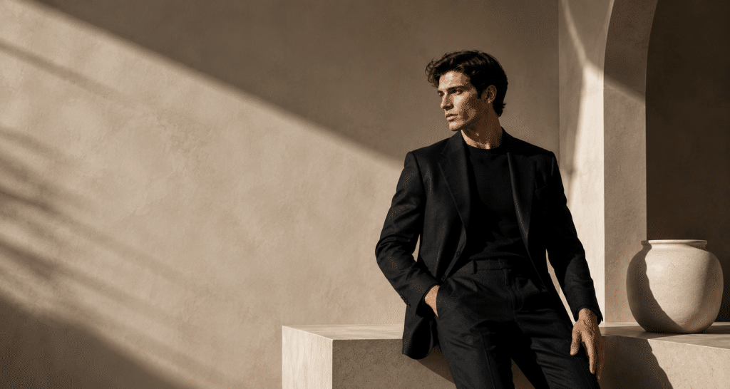VELARÉ luxury menswear hero banner desktop – model in tailored black suit