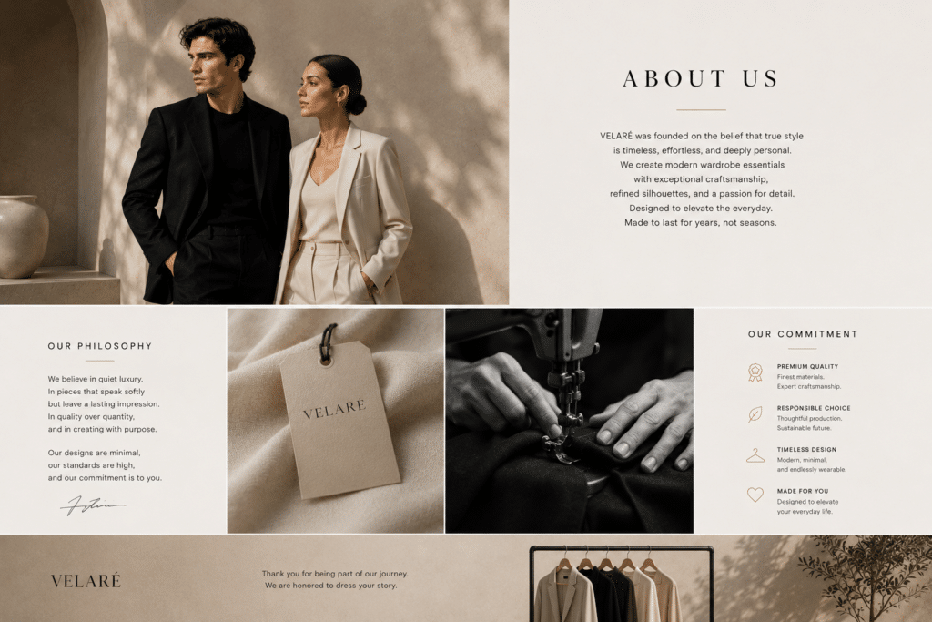 VELARÉ about us page desktop banner – timeless luxury fashion house philosophy