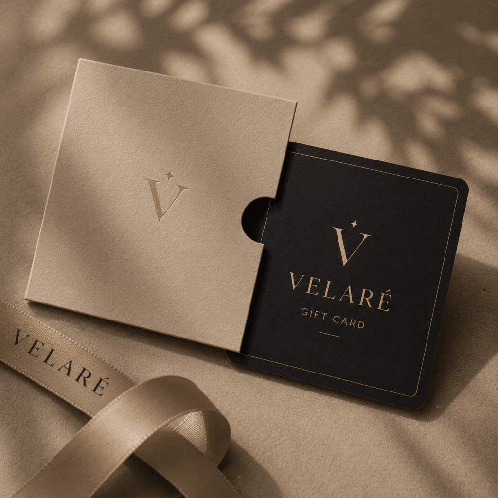 VELARÉ luxury gift card in signature boxed packaging with ribbon