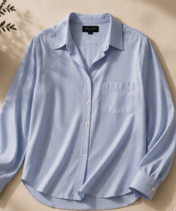 VELARÉ VELARÉ Blue Stripe Poplin Shirt — flat lay, luxury menswear