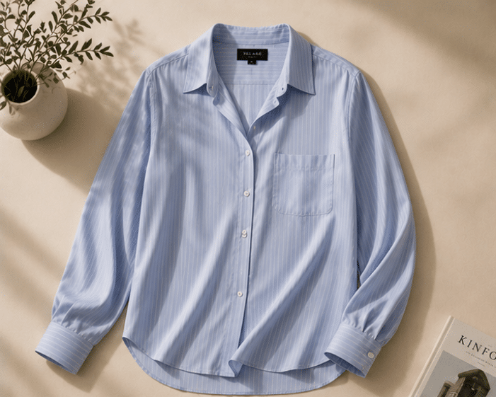 VELARÉ VELARÉ Blue Stripe Poplin Shirt — flat lay, luxury menswear