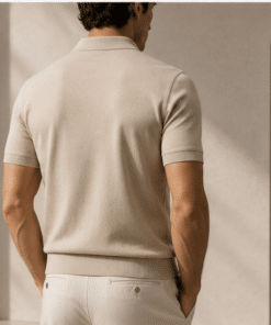 VELARÉ VELARÉ Sand Knit Polo — styled back view, luxury menswear