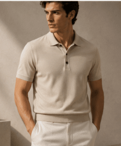 VELARÉ VELARÉ Sand Knit Polo — styled front view, luxury menswear